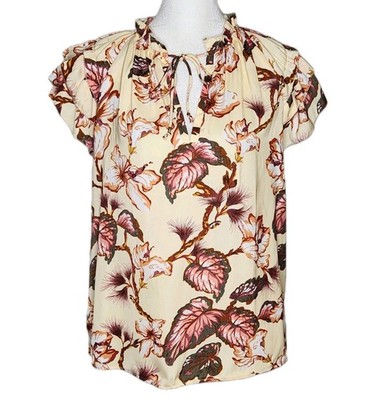 Philosophy Yellow Botanical Print Tie Neck Ruffle Sleeve Blouse S Cottagecore