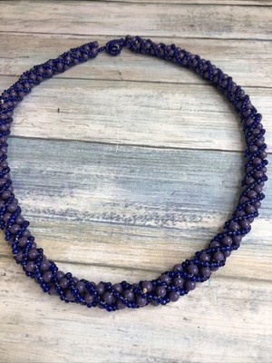 Woven Seed Beads Purple Blue Toggle Clasp Necklace Artisan style 25''