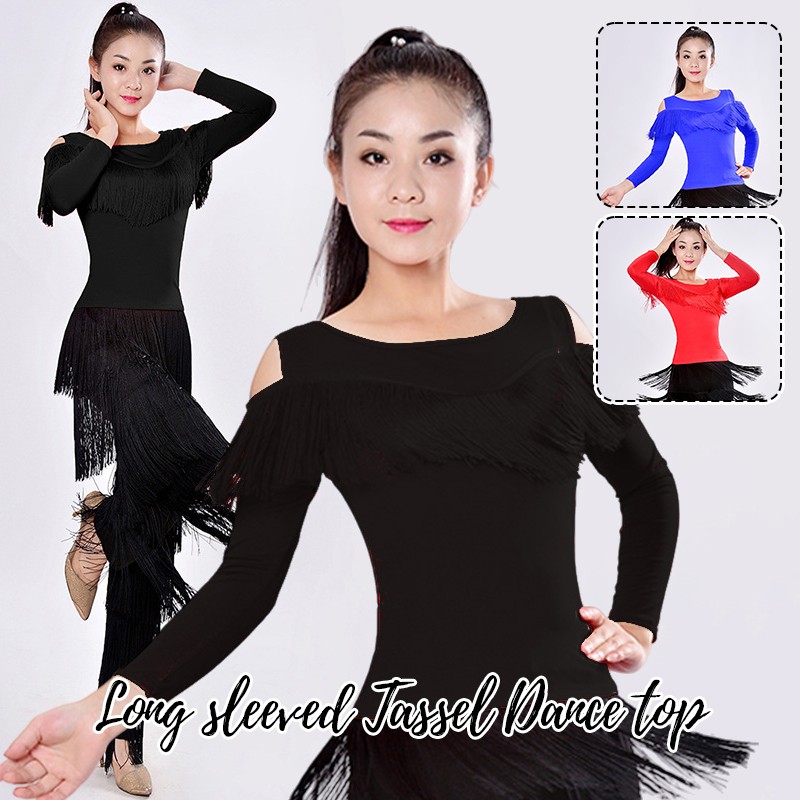 Disfraz de práctica de danza latina para mujer adulto borla fuera del hombro camisa manga larga
