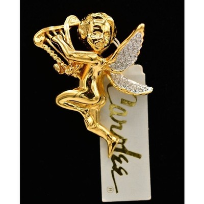 Carolee Vintage Angel Pin Brooch Harp Cherub Gold Rhinestone Crystal NOS BinAJ