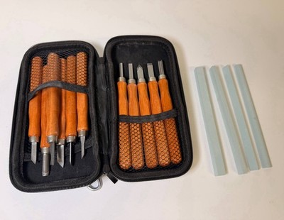 11 Pc Wood Carving Chisel Set W/ 4 Sharpening Stones & Case Wood Handles