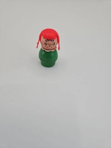 Vintage Fisher Price Little People Wood Green Girl Red Hair Pigtails