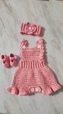 Pink Crochet Baby Dress Set with Headband, Shoes, Flower Accents, Button Closure