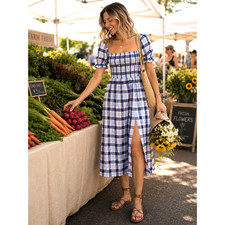 Reformation S Marabella Smocked Linen Midi Dress $248 Puff Sleeve Blue Plaid 4 6