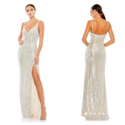 vintage an・an no.5 Mac Duggal 26443 High-Slit Sequined Sheath Dress Sleeveless Silver