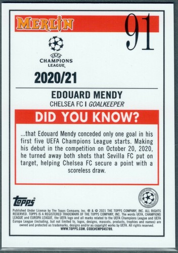 2020-21 Topps Merlin Chrome Edouard Mendy Aqua Prism rifrattore Rookie RC #91 - Foto 2 di 2