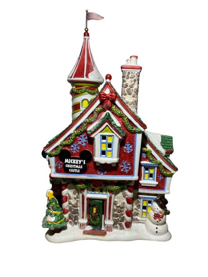 USED W/ BOX DEPT 56 Disney Mickeys Christmas Castle 10" W/ Flag & Light