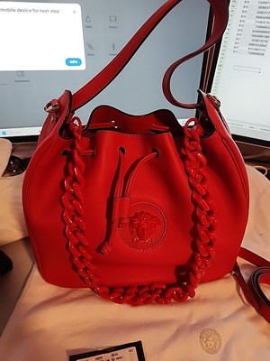 NEW $2325 VERSACE Red Leather LA MEDUSA Drawstring Bucket BAG CHAIN & 2 STRAPS