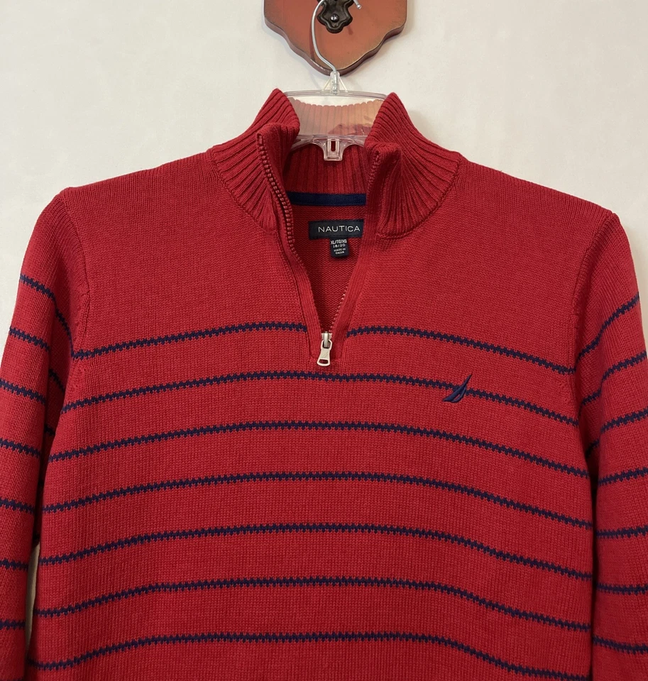 Suéter Nautica Boys XL 18/20 Rojo Rayas 1/4 Cremallera Algodón Logo! A962 Foto 2 de 4