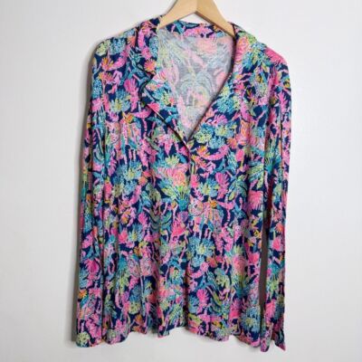 NWT Lilly Pulitzer PJ Knit LS Button Up Top Oyster Bay Navy Seen & Herd Knit XXL