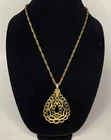 Persian Teardrop Trifari ? Necklace Large Gold Toned Pendant 24” Vintage