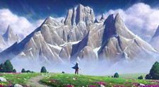 Landscape art illustration mountains field clouds dog Custom Gaming Mat Desk