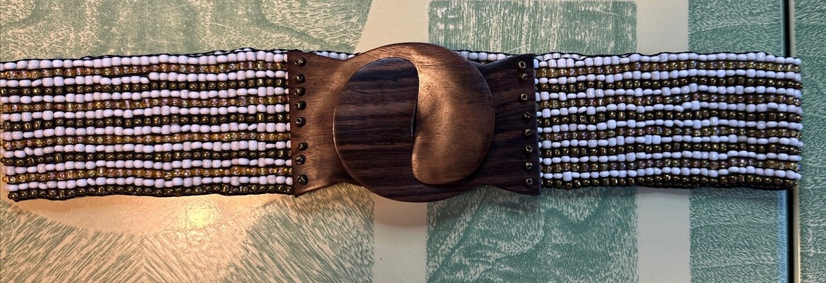 Tan Shades Glass Beaded Belt Wooden Hook Closure Elastic  display picture 1