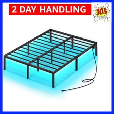 Bed Frame with USB Charging Station, Queen Bed Frame with LED Lights, Platfor...