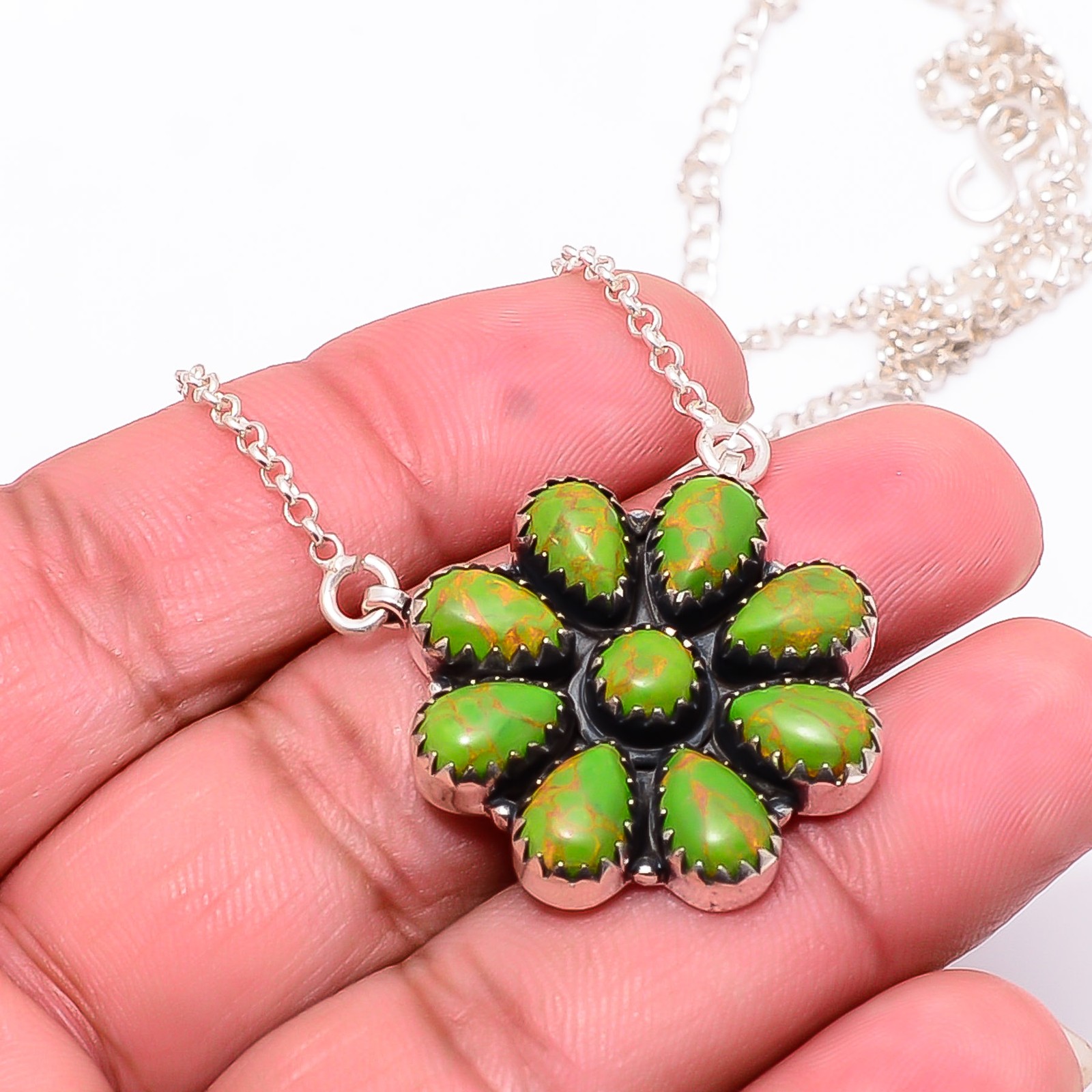 Copper Green Turquoise 925 Sterling Silver Cluster Flower Necklace 19-23