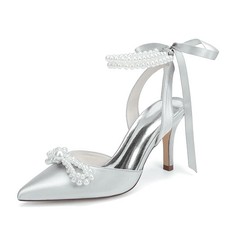 HKMFLYY Women's Silver Pearl Heels with Bow Wedding Shoes for Bride High...