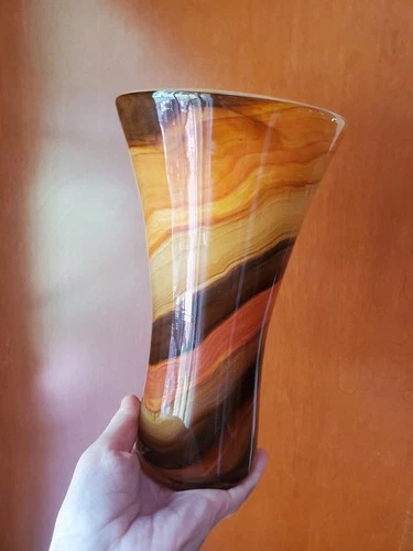 Hand Blown Murano Style Glass Trumpet Vase Amber Tiger Pattern  Vintage MCM 70s