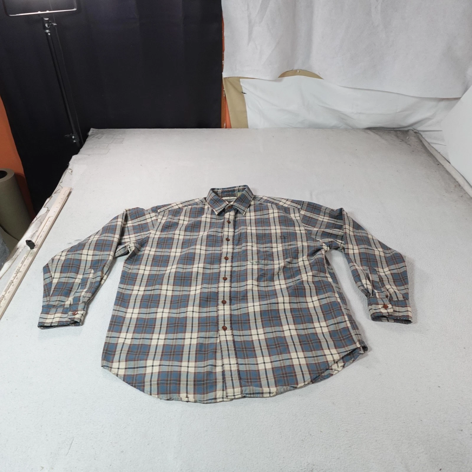 Vintage LL Bean Shirt Mens Large Blue Plaid Flannel Button Front Outdoor Hike