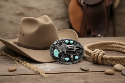 Men Western Oval Buckle Silver Metal Revolver Pistol Gun  display picture 2