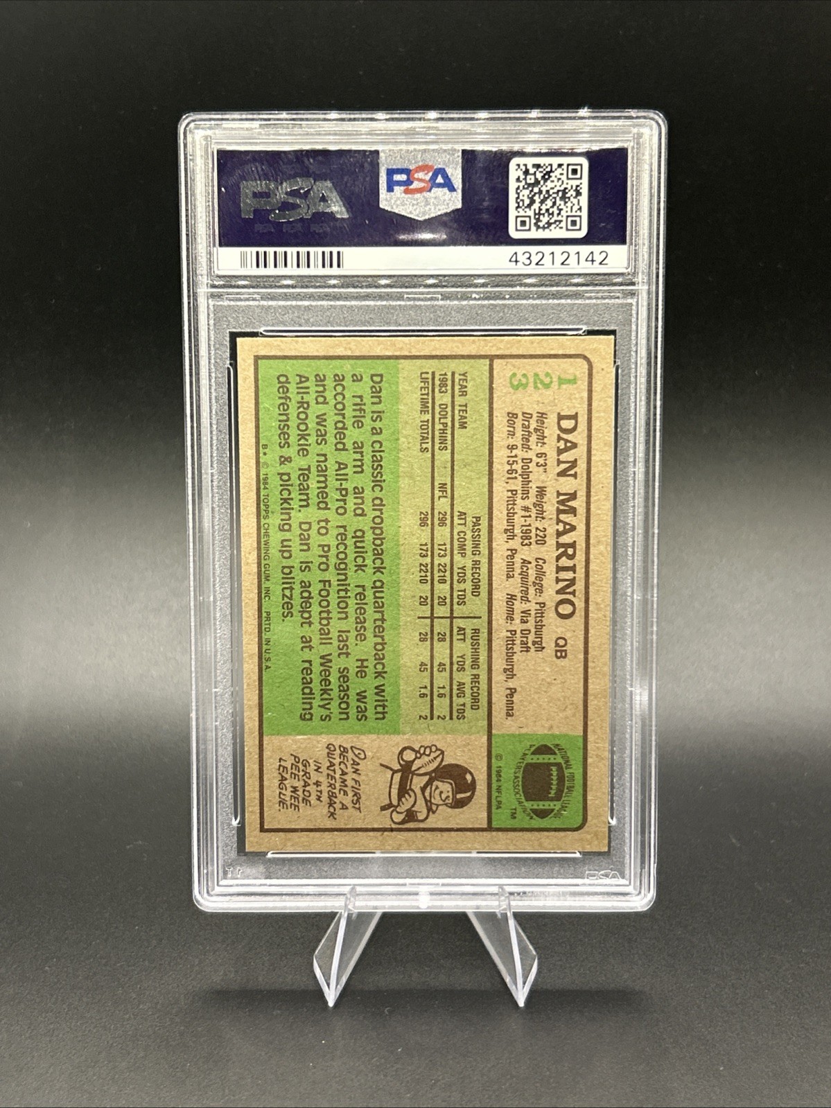1984 Topps Dan Marino #123 Rookie (RC) PSA 9 Mint HOF Miami Dolphins Legend view 4