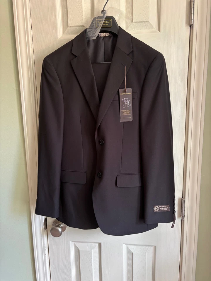 全新带标签男式黑色 Caravelli 经典版型 36R/30W 2 按钮平前西装 — 第 2/4 张图片