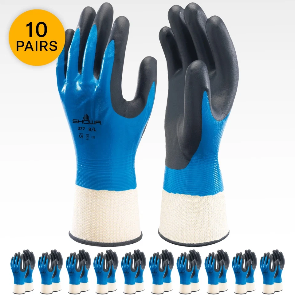 Showa 377 wasserdichte Nitrilschaum Grip Arbeitshandschuhe - 10er Pack Schutzhandschuhe