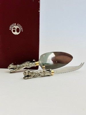 Arthur Court Cheese Knife Set Jaguar Tiger Cat Handle Silver Tone w Box