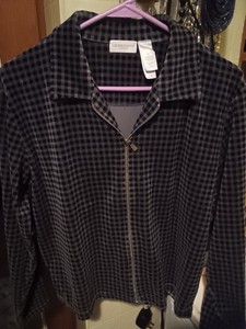 Liz Claiborne soft Blazer Gray/Black Plaid Checked Full Zip Notch Collar career