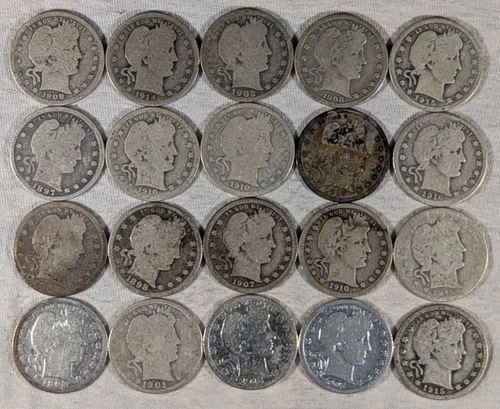 LOT OF 20 BARBER QUARTERS 90% SILVER COINS $5 FACE VALUE #65