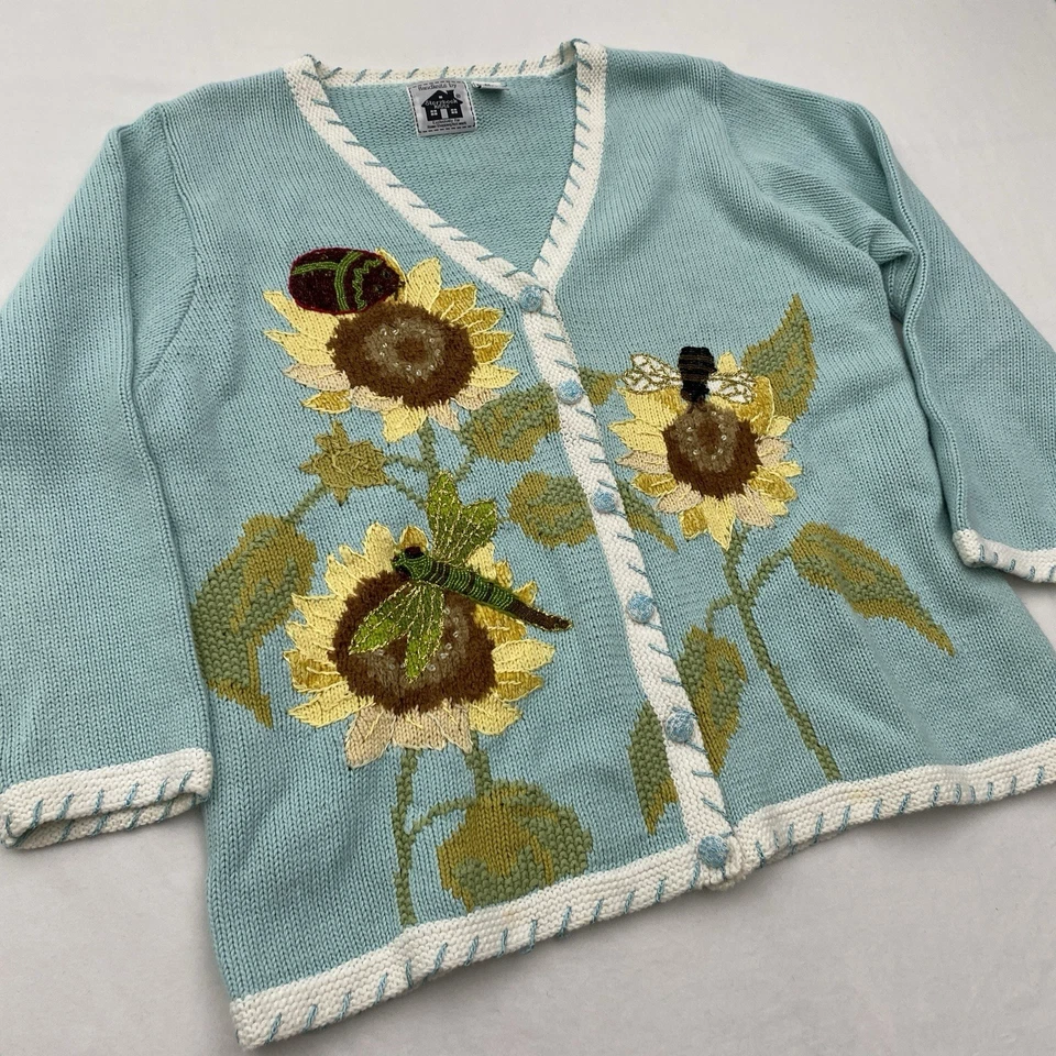 Storybook Knits Sweater Cardigan Womens 2X Blue Sunflower Bee Ramie Cottagecore - Image 2 of 4
