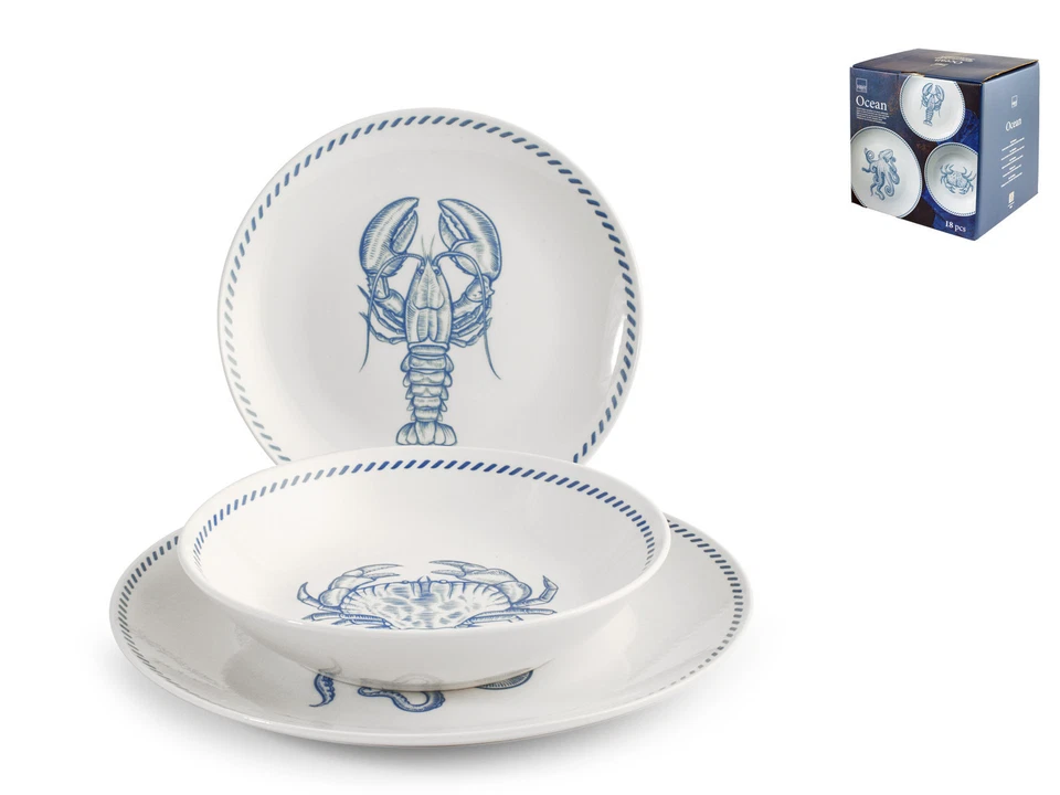 2X Service De Table 18 Pièces Océan En Porcelaine Décorée Forme Coupe. - Photo 4/4