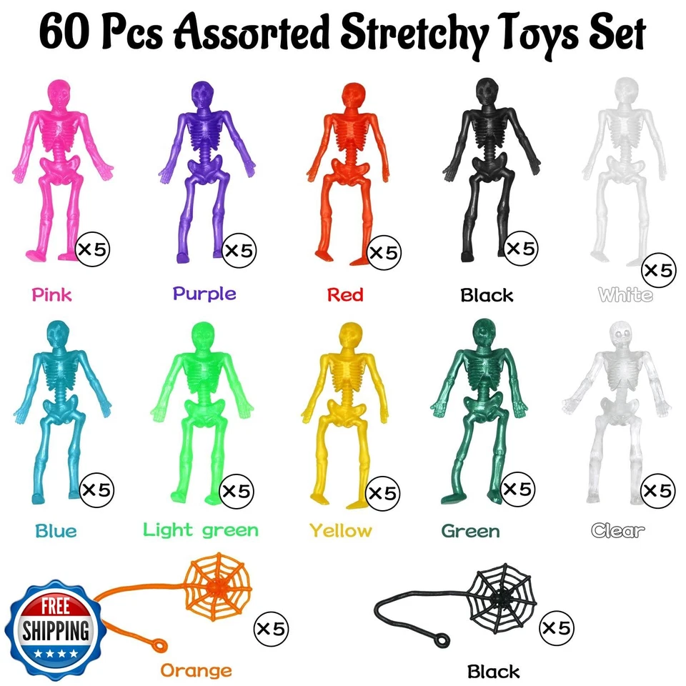 60 Piezas Halloween Esqueletos Elásticos Favores de Fiesta para Niños con Araña Pegajosa  Foto 2 de 4