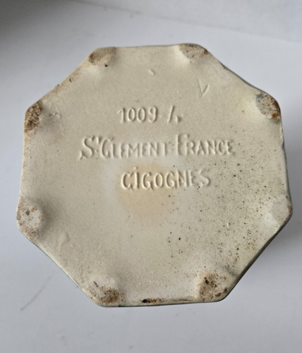 Antike französische Majolika "Cigognes" Störche Nest Krug Hl. Clemens um 1920 - Bild 10 von 10