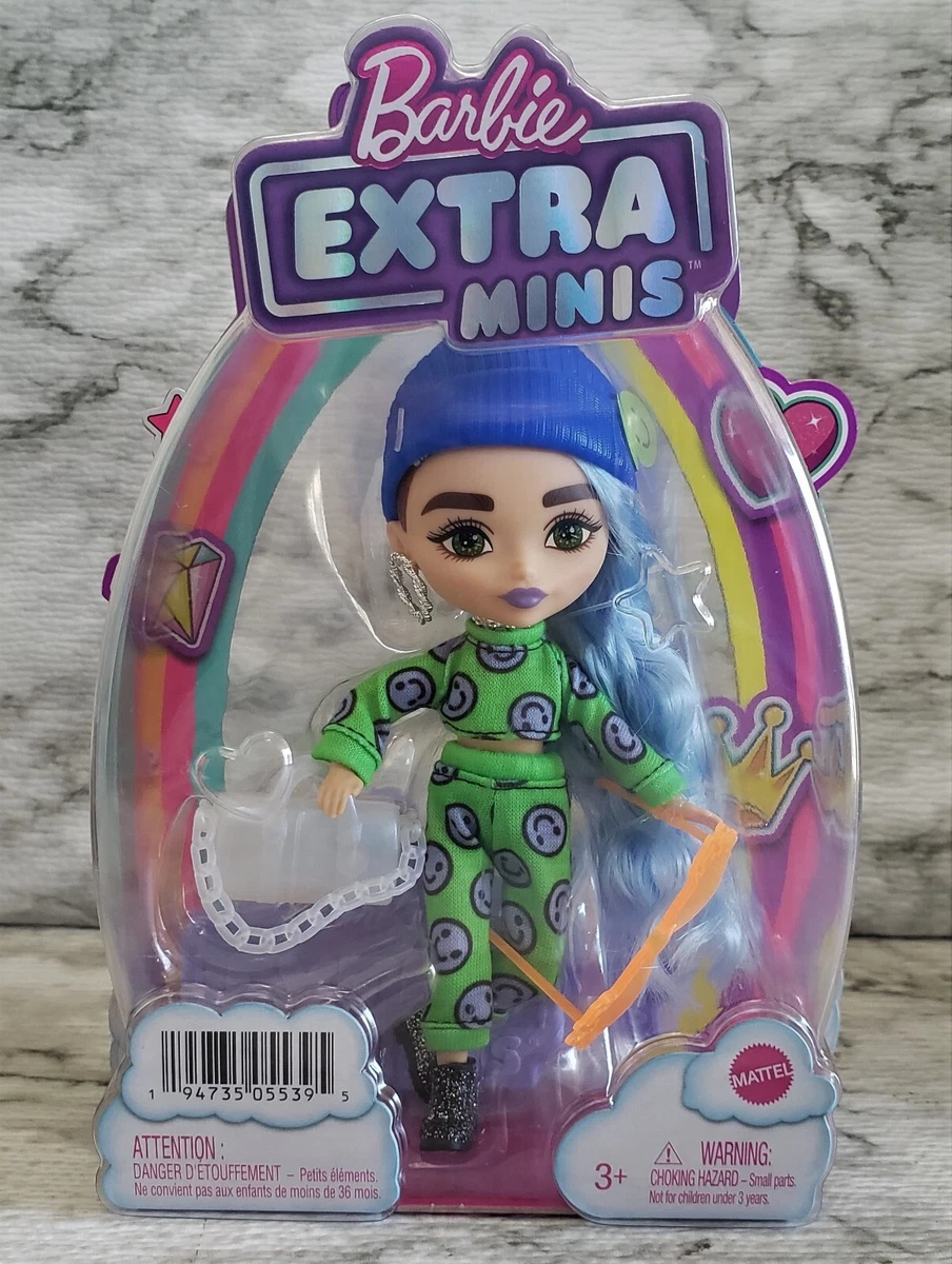 NEW Barbie Extra Minis Doll 3 Emoji Print Fashion Long Blue Hair