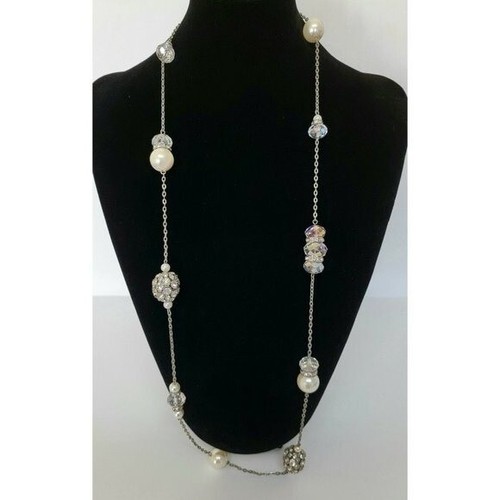Mode Spaß Silberton Perle Strass schillernd Perle Statement Halskette 36 Zoll - Bild 2 von 4