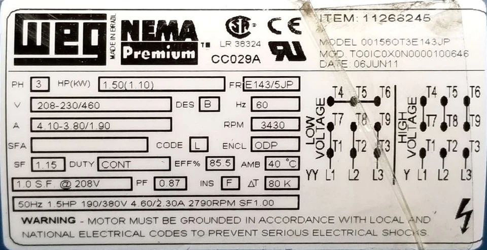 WEG 1.5 HP 3600 RPM ODP 208/230/460V 143JP FOOTED 3 PHASE MOTOR 00156OT3E143JP - Image 2 of 4