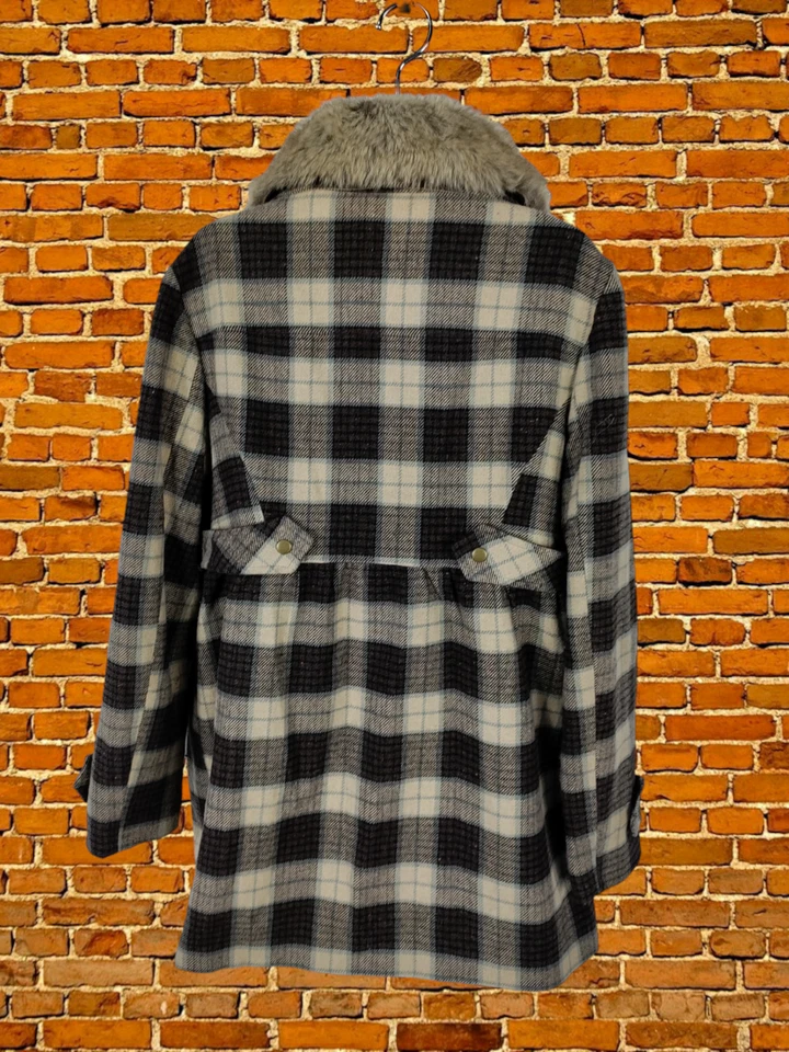 ЖЕНЩИН СКЛАД UK 16 КОРИЧНЕВЫЙ СМЕСЬ ЧЕК КЛЕТКУ ИСКУССТВЕННОГО МЕХА ВОРОТНИК ШЕРСТИ КУРТКА ПАЛЬТО - Изображение 4 из 4