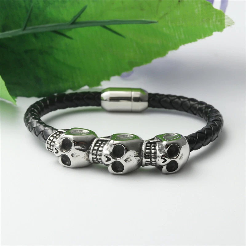 Pulsera de cuero calavera negra punk motociclista de acero inoxidable de 8 pulgadas para hombre Foto 3 de 4