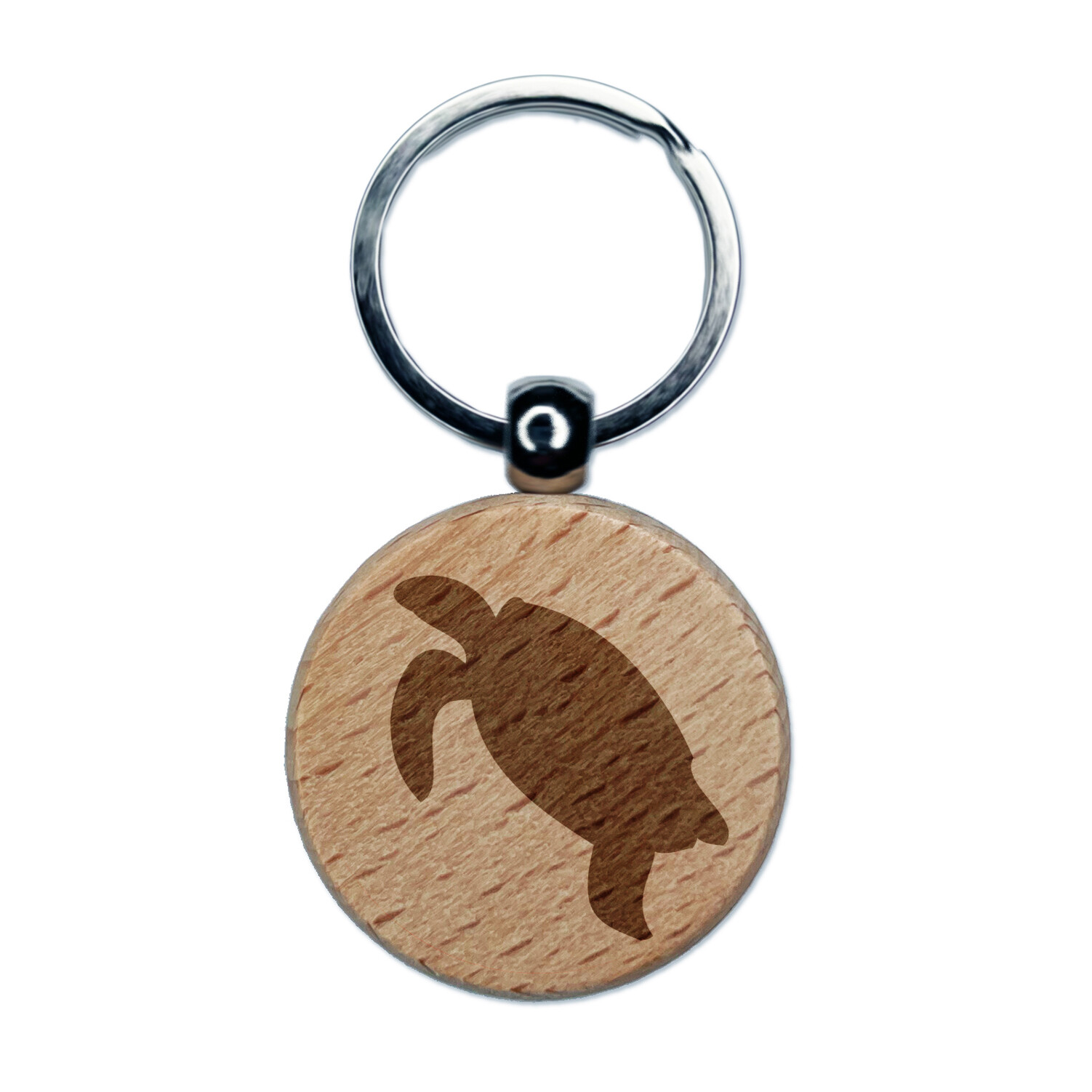 Turtle Swimming Solid Engraved Wood Round Keychain Tag Charm