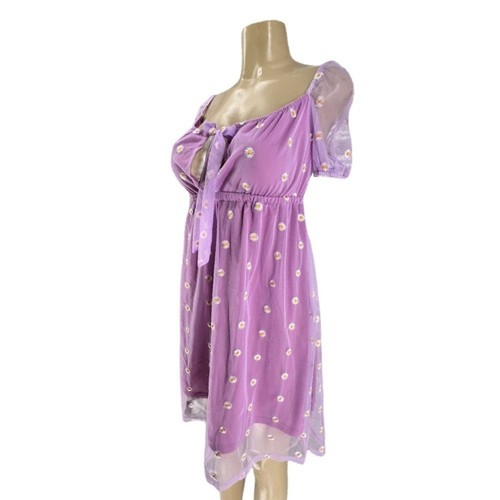Lilac babydoll sheer layered mini summer dress with Puff sleeves and bow Size L - Picture 9 of 9