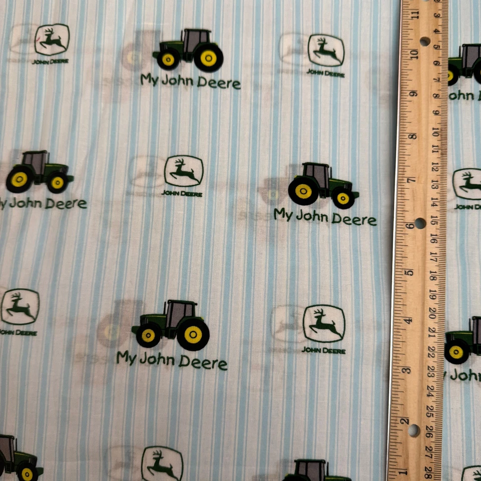My John Deere Tractor Logo on Ticking Blue 14" Cotton Quilt Fabric Craft #917 - Image 4 of 4