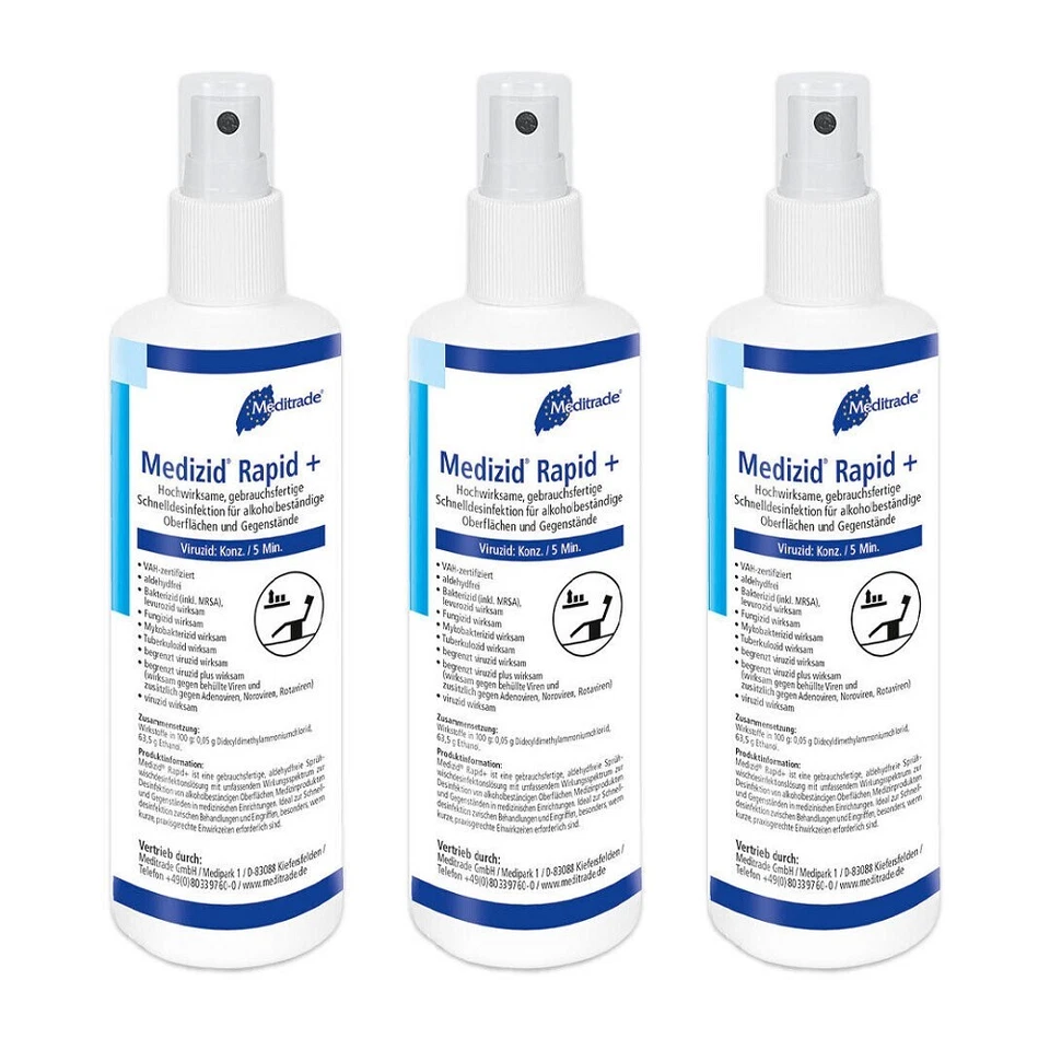 MEDITRADE 3 x 250 ml Medizid® Rapid + Schnelldesinfektion Sprühflasche Flächendesinfektion