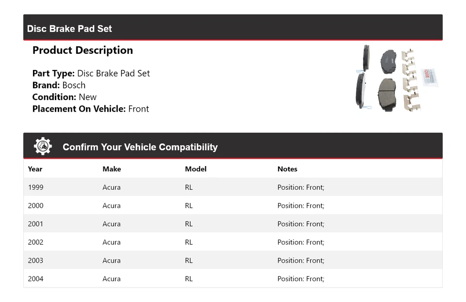 For 1999-2004 Acura RL Bosch QuietCast Ceramic Brake Pads Front 2000 2001 2002 - Image 2 of 4