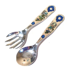 Aluminum Inlaid Abalone Spoon and Fork Salad Server Set Artisan Cast Signed CA