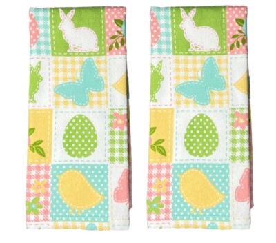 Set of 2 Ritz Easter Kitchen Towels Spring 100% Cotton Farmhouse Quilt Pattern