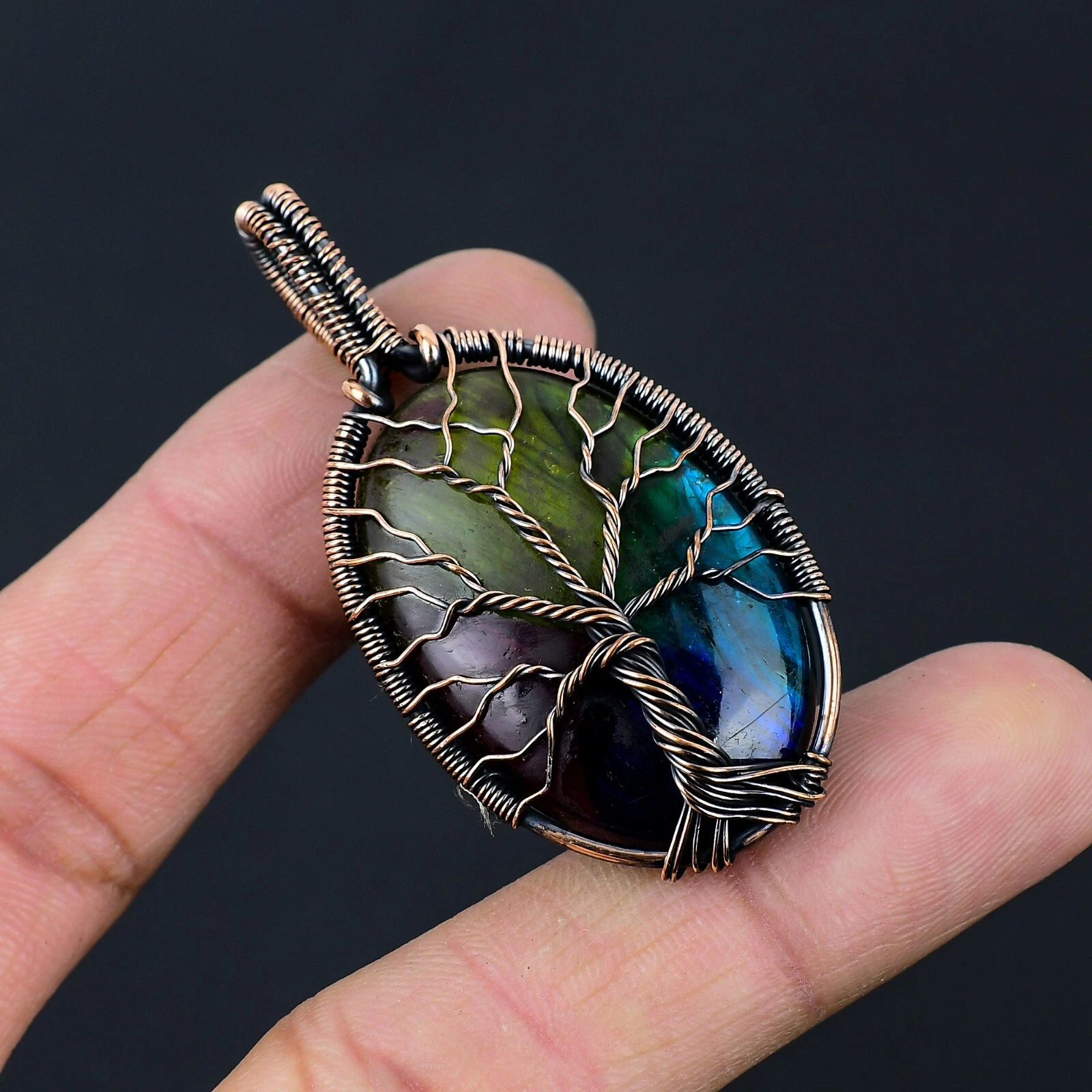 VETEMENTS Ciondolo Multi Fuoco Pietra Preziosa Rame Filo Albero della Vita Gioielli CCP 096