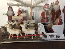 Vintage Antique Japan Santa in Cardboard Sleigh Celluloid Reindeer on Platform