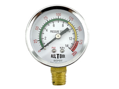 Air Pressure Gauge 2'' Dial Side Mount 1/4''NPT - 0 to 200PSI Color Coded