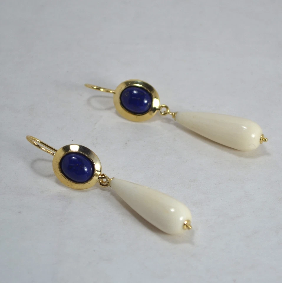 ORECCHINI ARGENTO 925 DORATO LAPISLAZZULI CABOCHON PENDOLI OSSO AGHT 0902 - Immagine 2 di 3