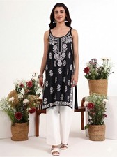 Women s Black Chikankari Sleeveless Kurti Embroidered Summer Tunic Ethnic Top